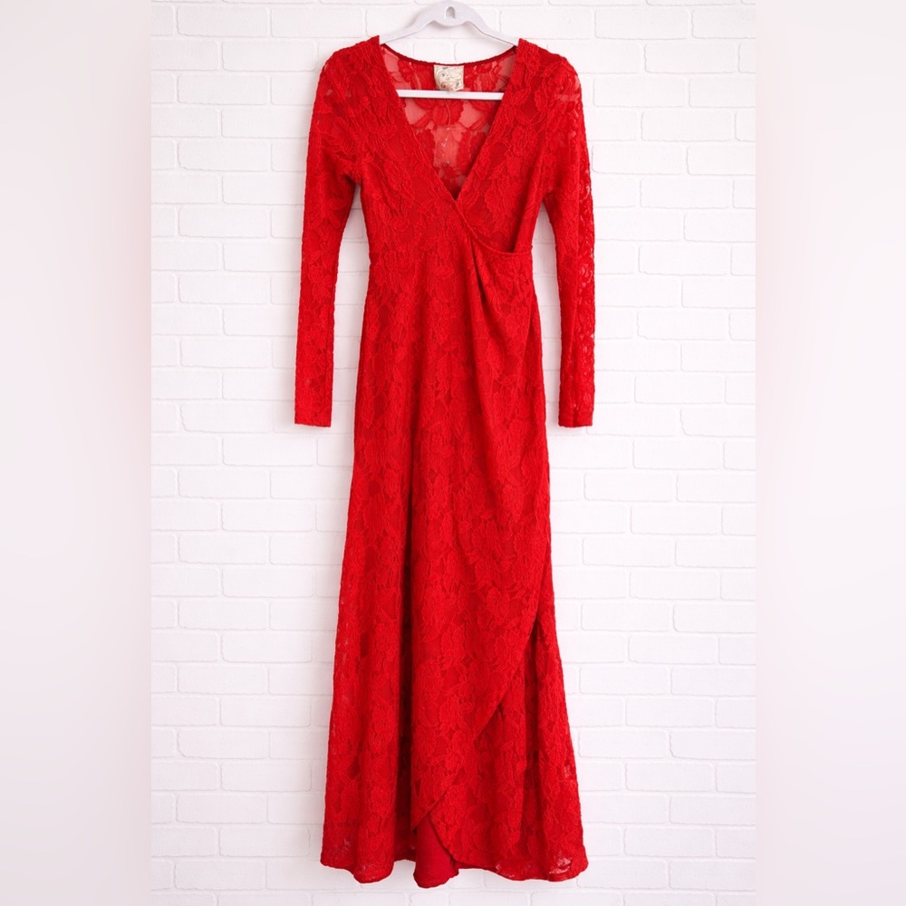 NWOT Free People Red Lace Long Sleeve V-Neck Wrap Maxi Dress
